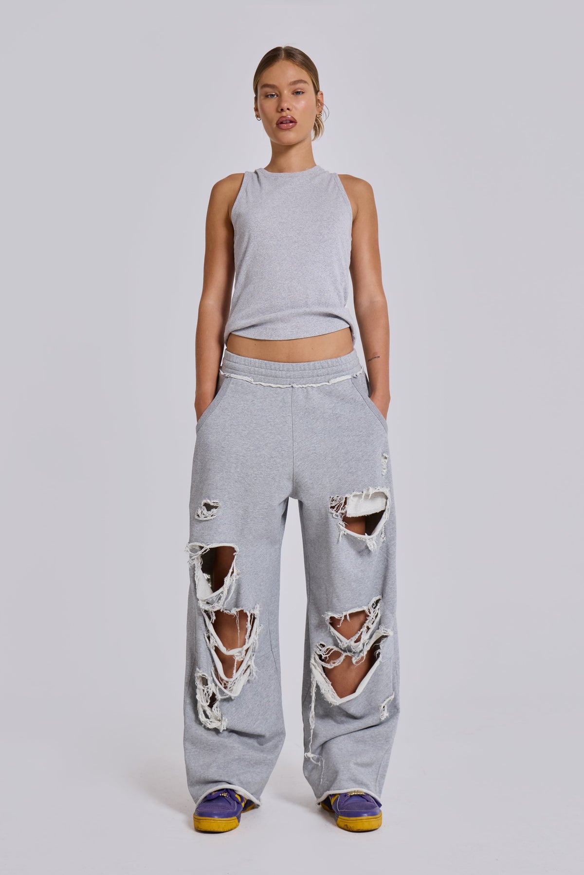 Distressed Grey Marl Baggy Monster Joggers