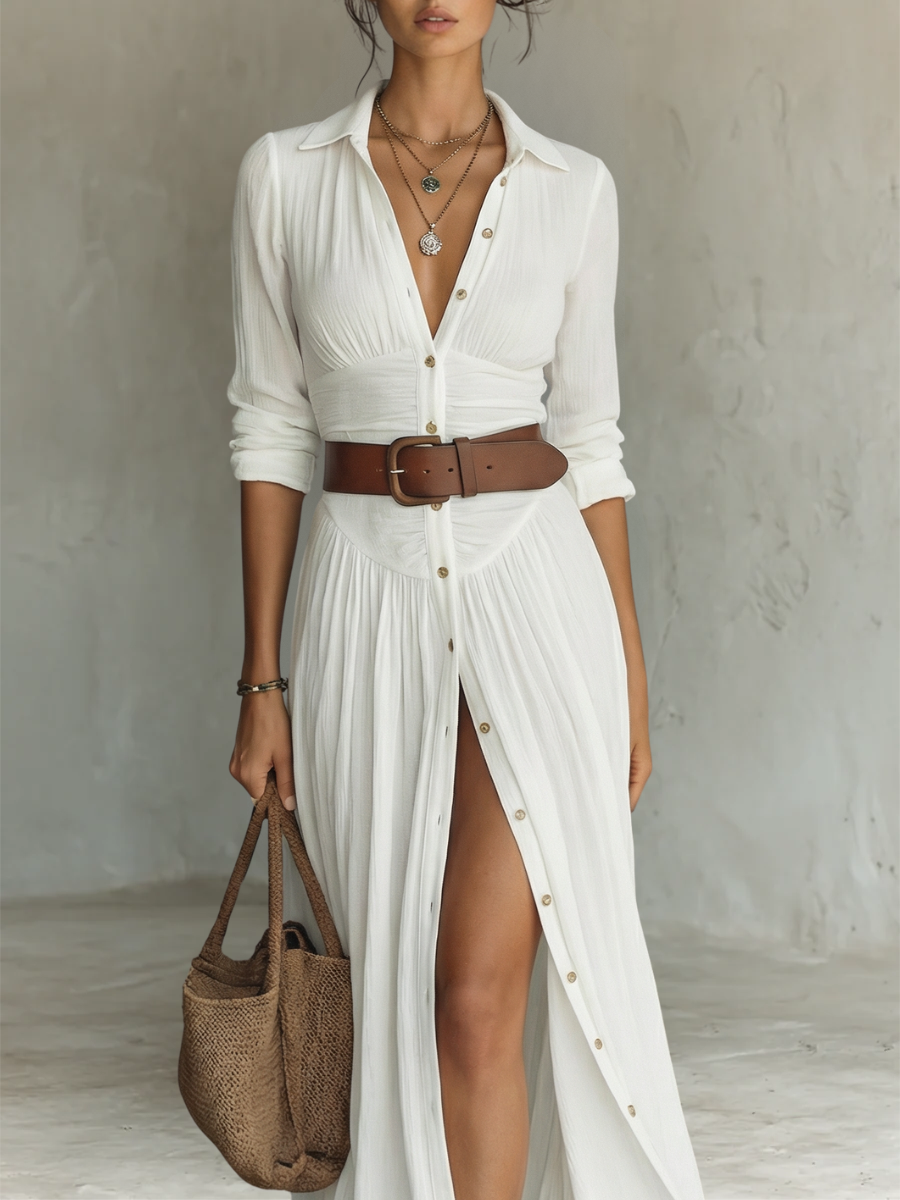 Pamela | Vestido camisero largo plisado