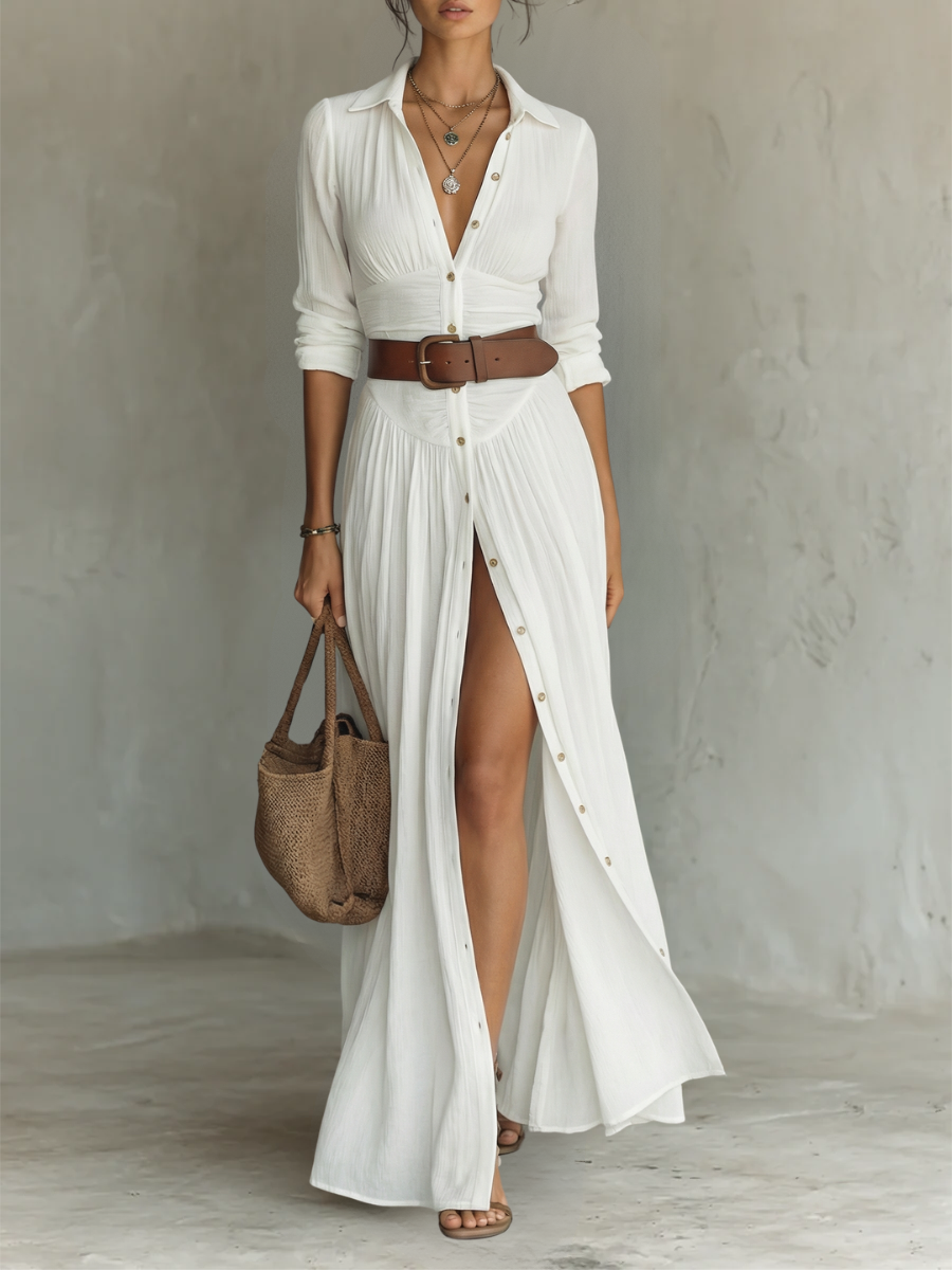 Pamela | Vestido camisero largo plisado