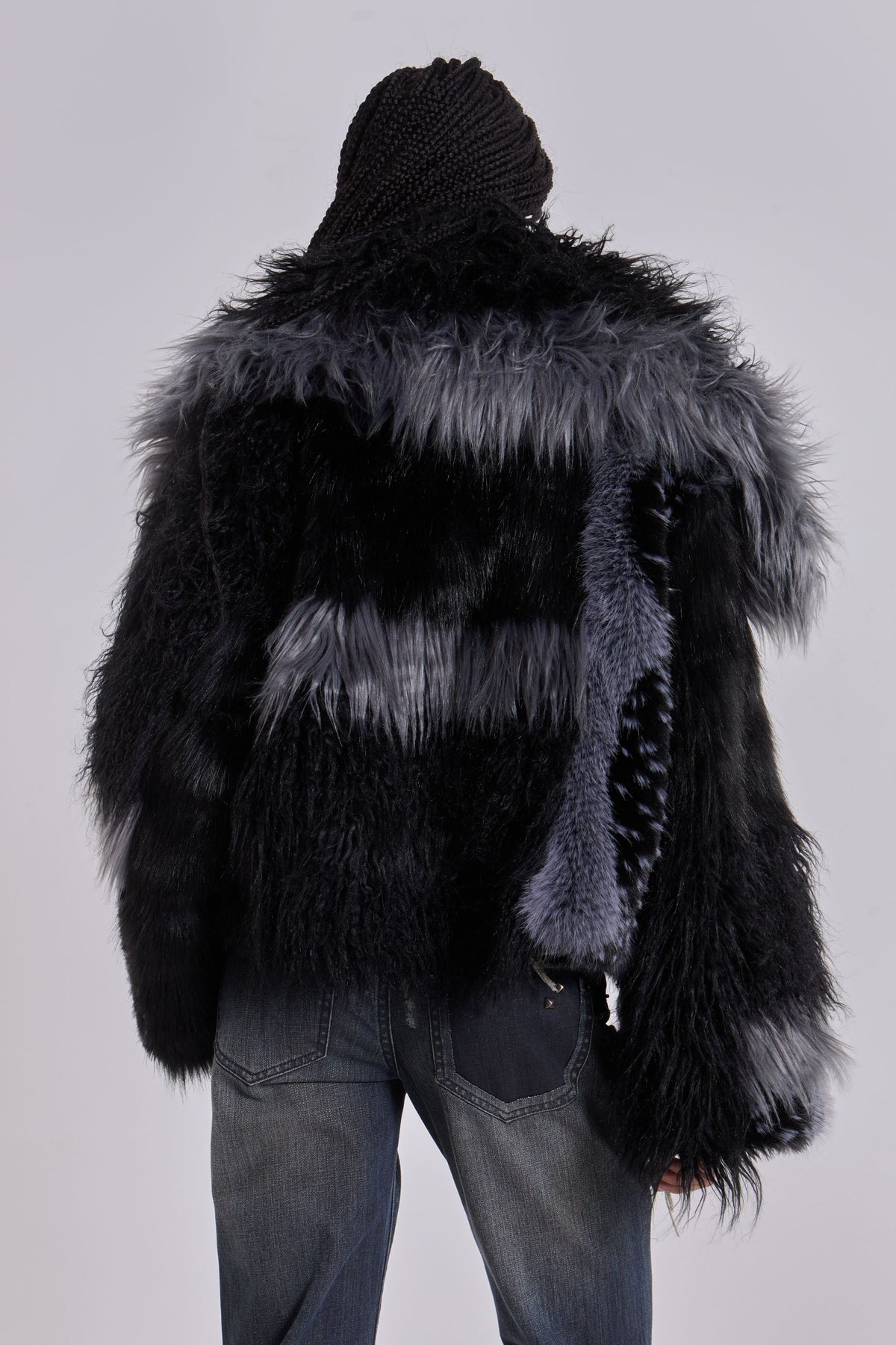 Oksana Patchwork Faux Fur Coat in Black