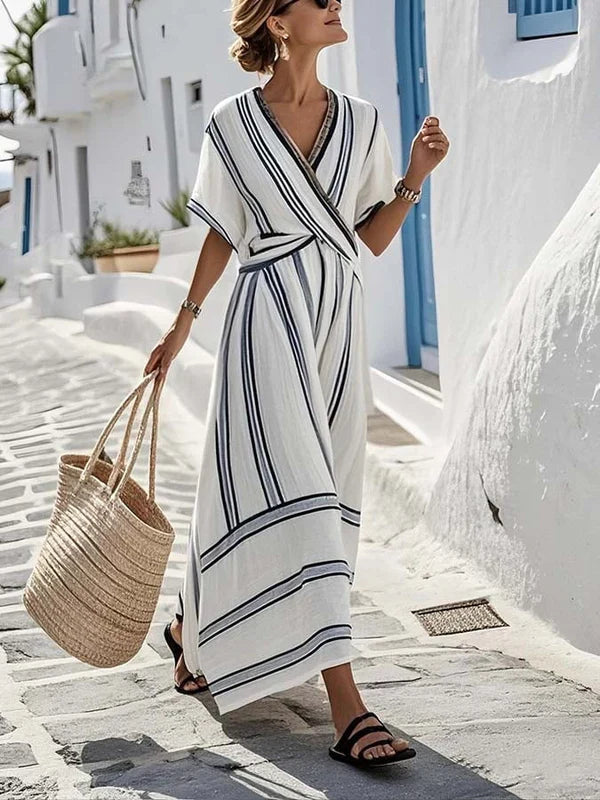 Serenity | Vestido largo de rayas con efecto cruzado