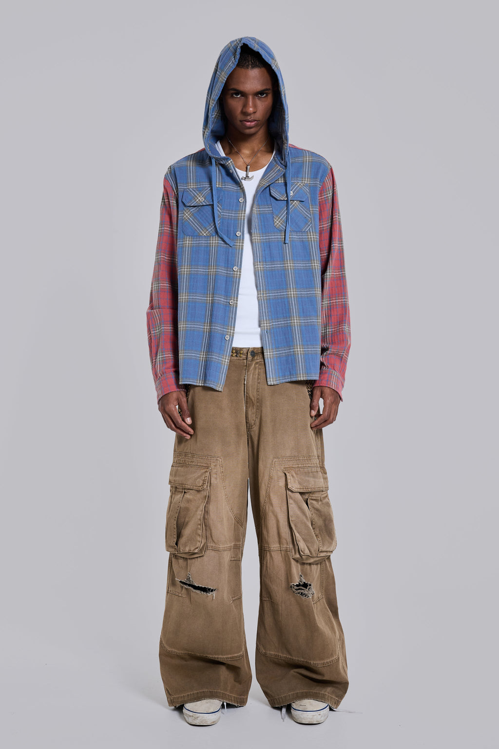 Checked Button-Up Hooded Shirt