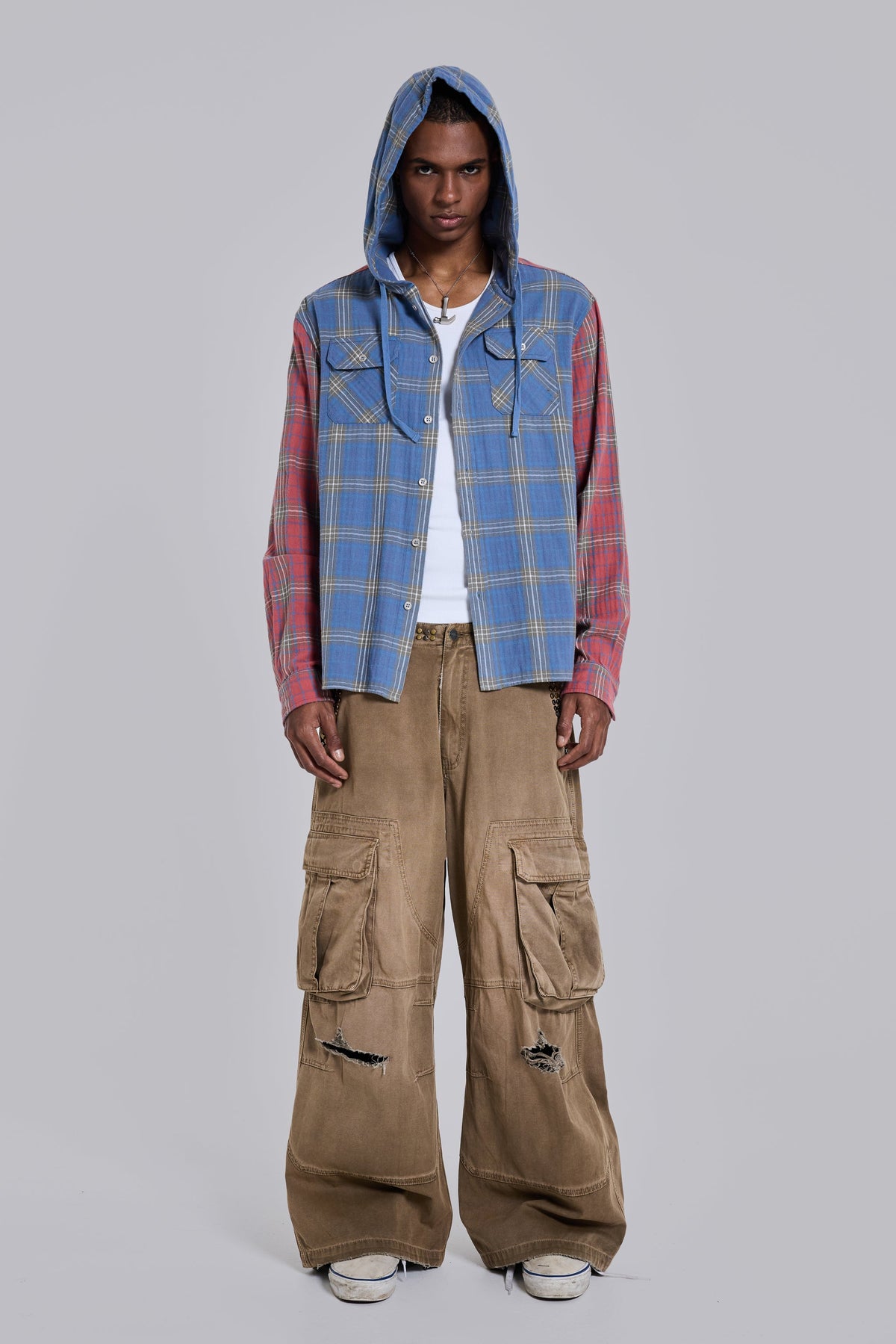 Checked Button-Up Hooded Shirt