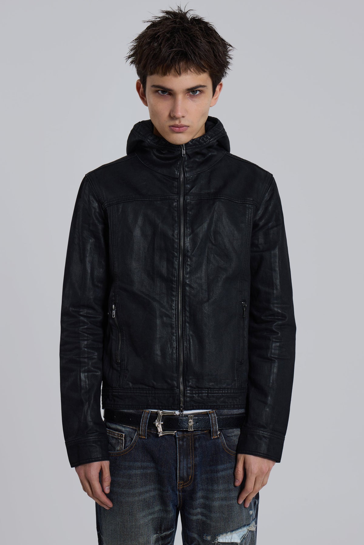 Black Bedrock Waxed Hooded Denim Jacket