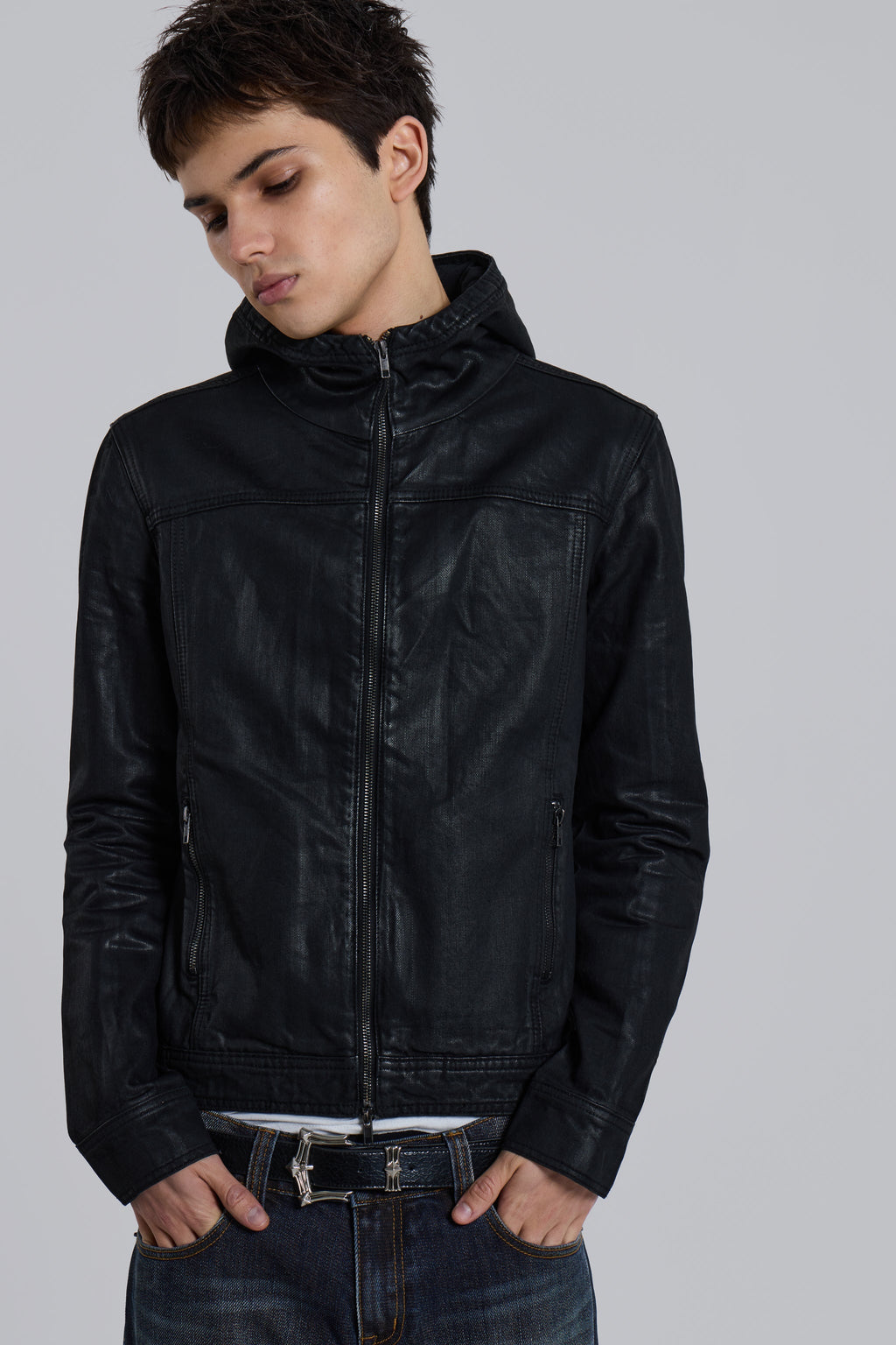 Black Bedrock Waxed Hooded Denim Jacket