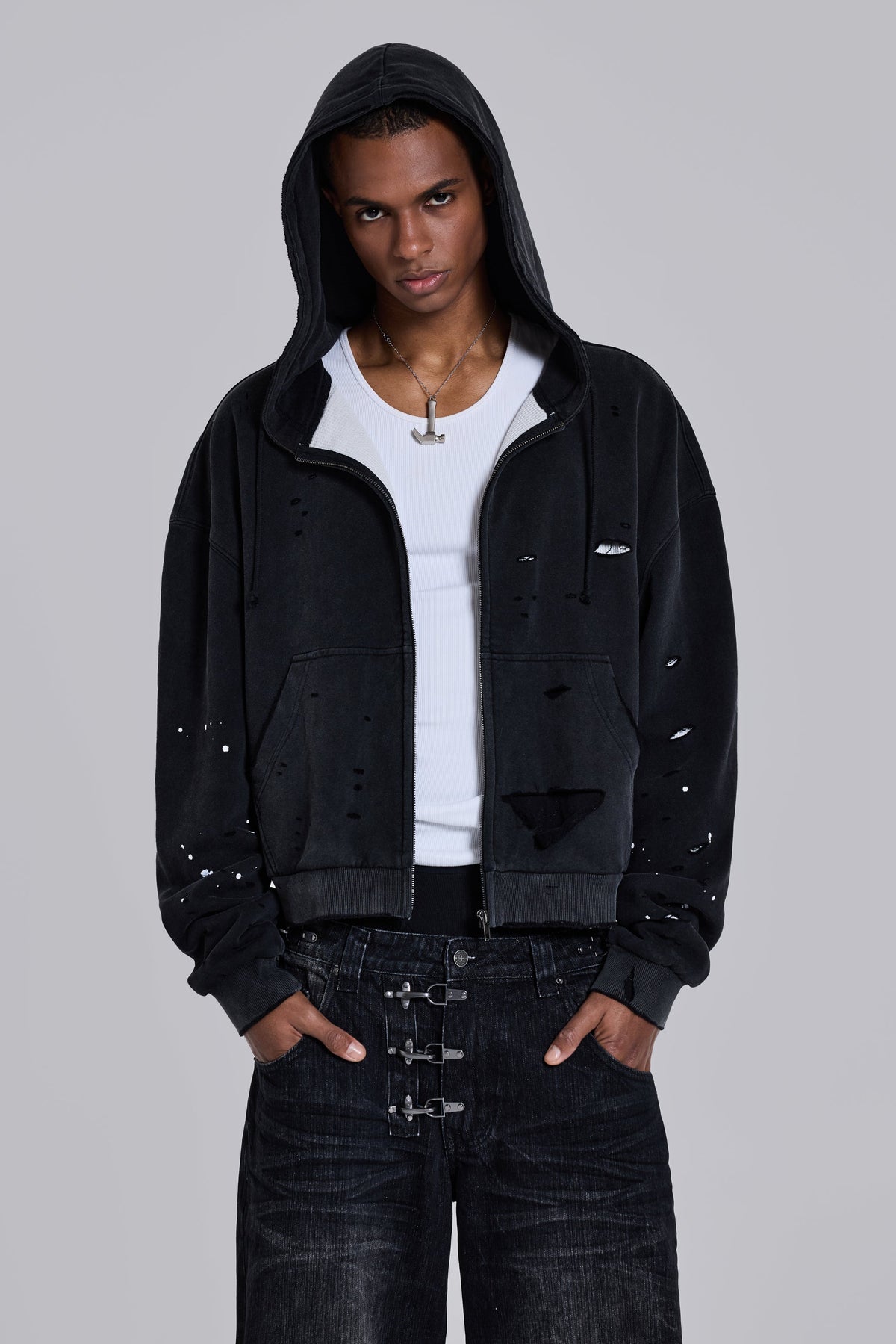 Sun Faded Waffle Zip Hoodie – Negro Lavado