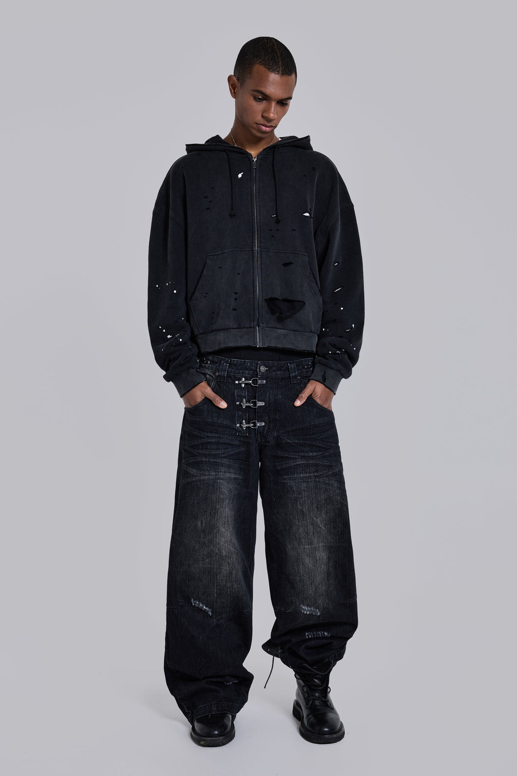 Sun Faded Waffle Zip Hoodie – Negro Lavado