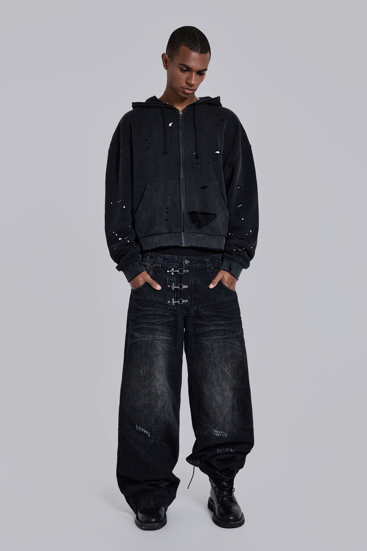 Sun Faded Waffle Zip Hoodie – Negro Lavado