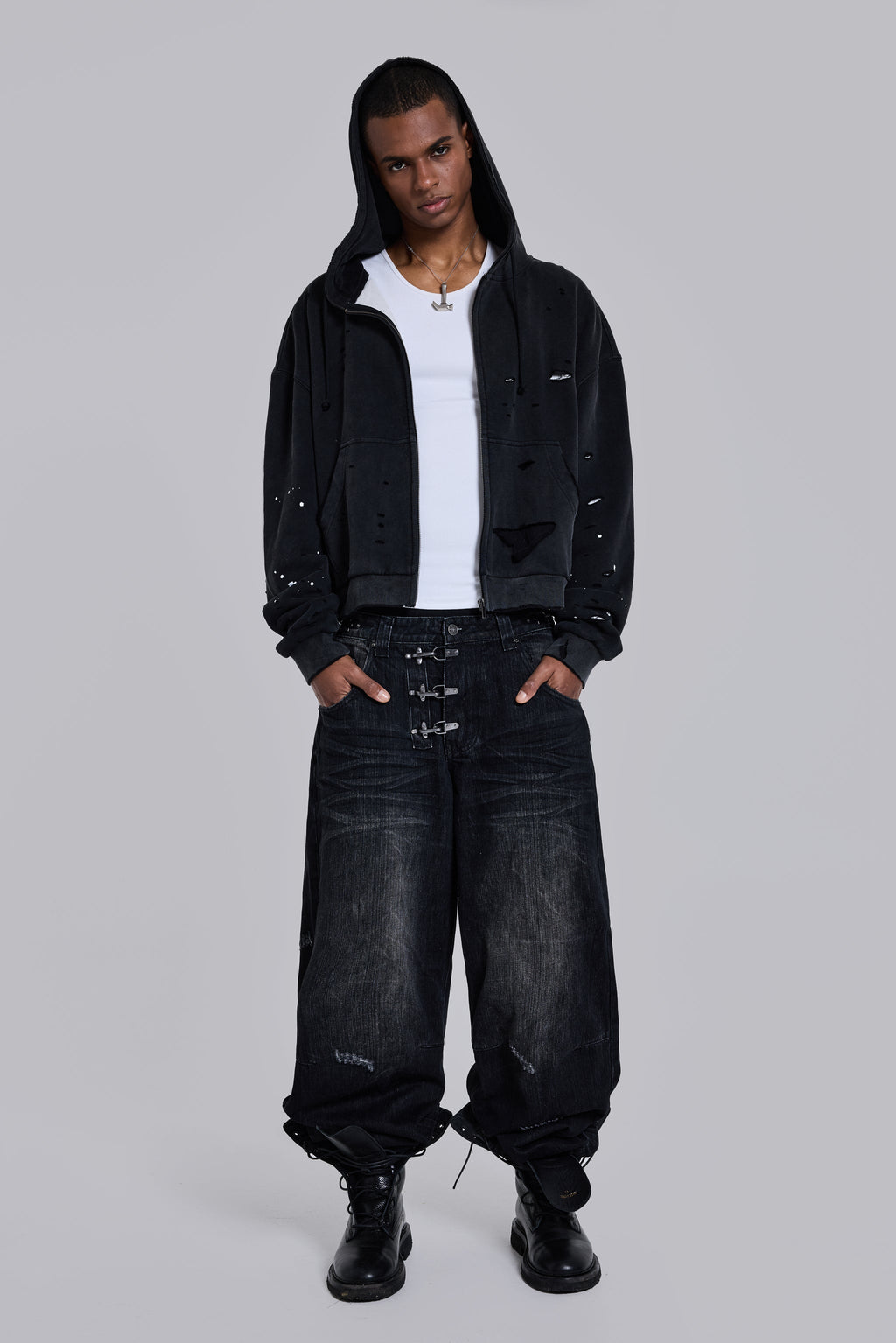 Sun Faded Waffle Zip Hoodie – Negro Lavado