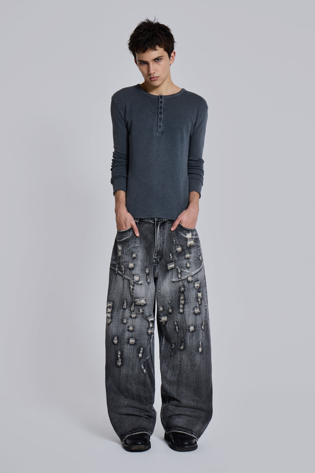 Charcoal Waffle Henley Top