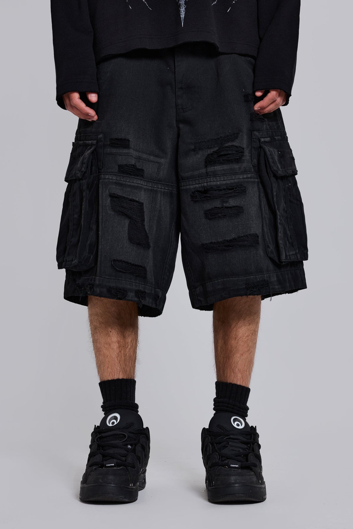 Black Distressed Beach Cargo Shorts