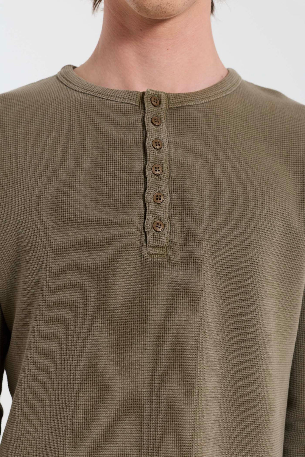 Olive Washed Waffle Henley Top
