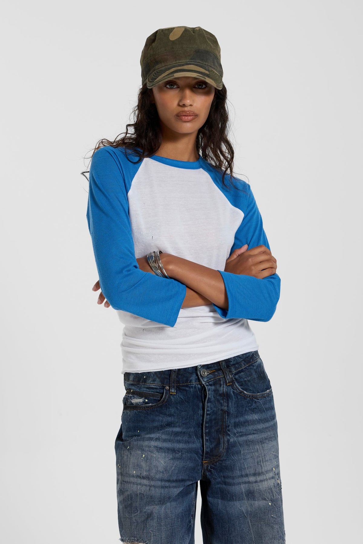 Blue Los Angeles Distressed Raglan Top