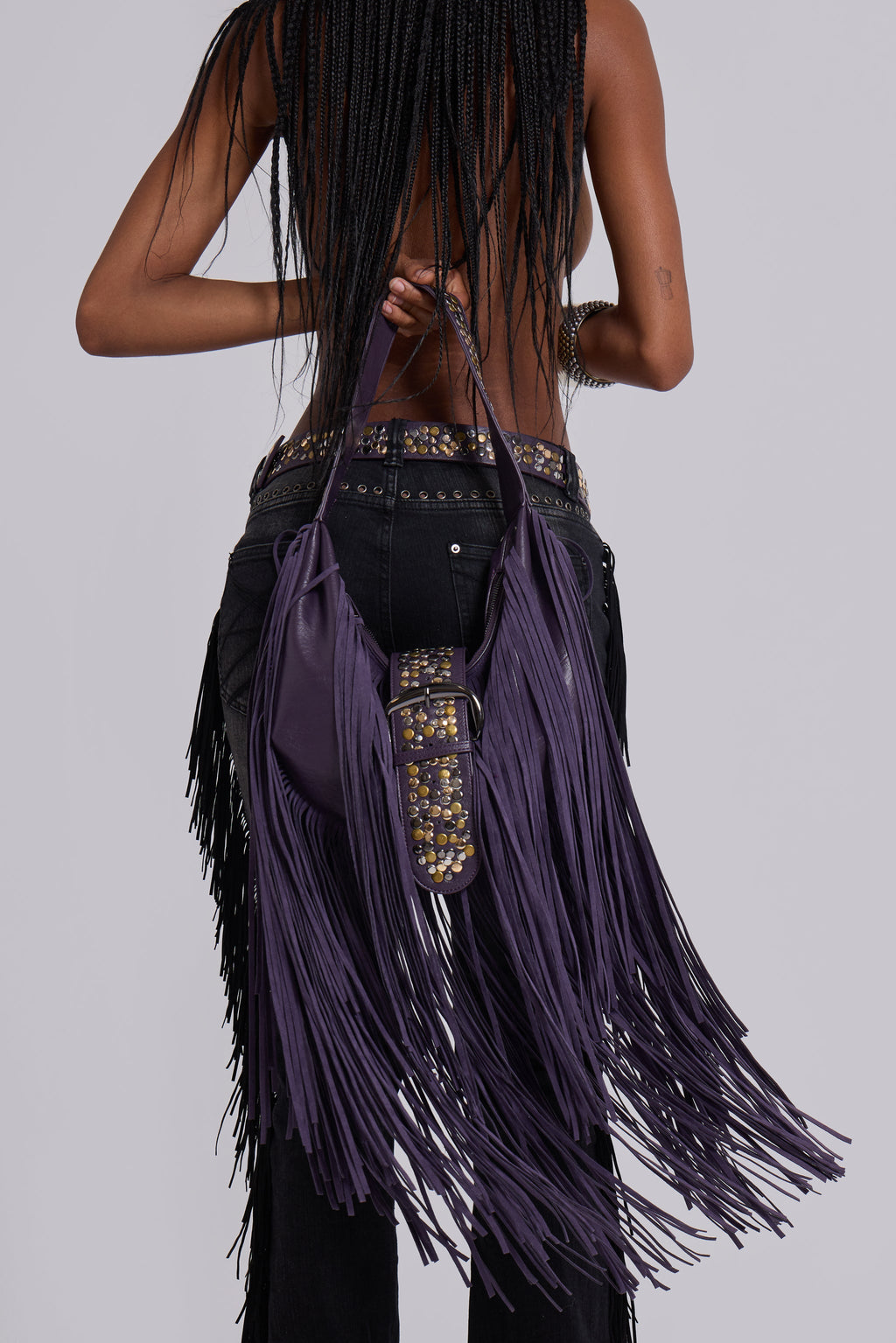 Amethyst Fringe Studded Shoulder Bag