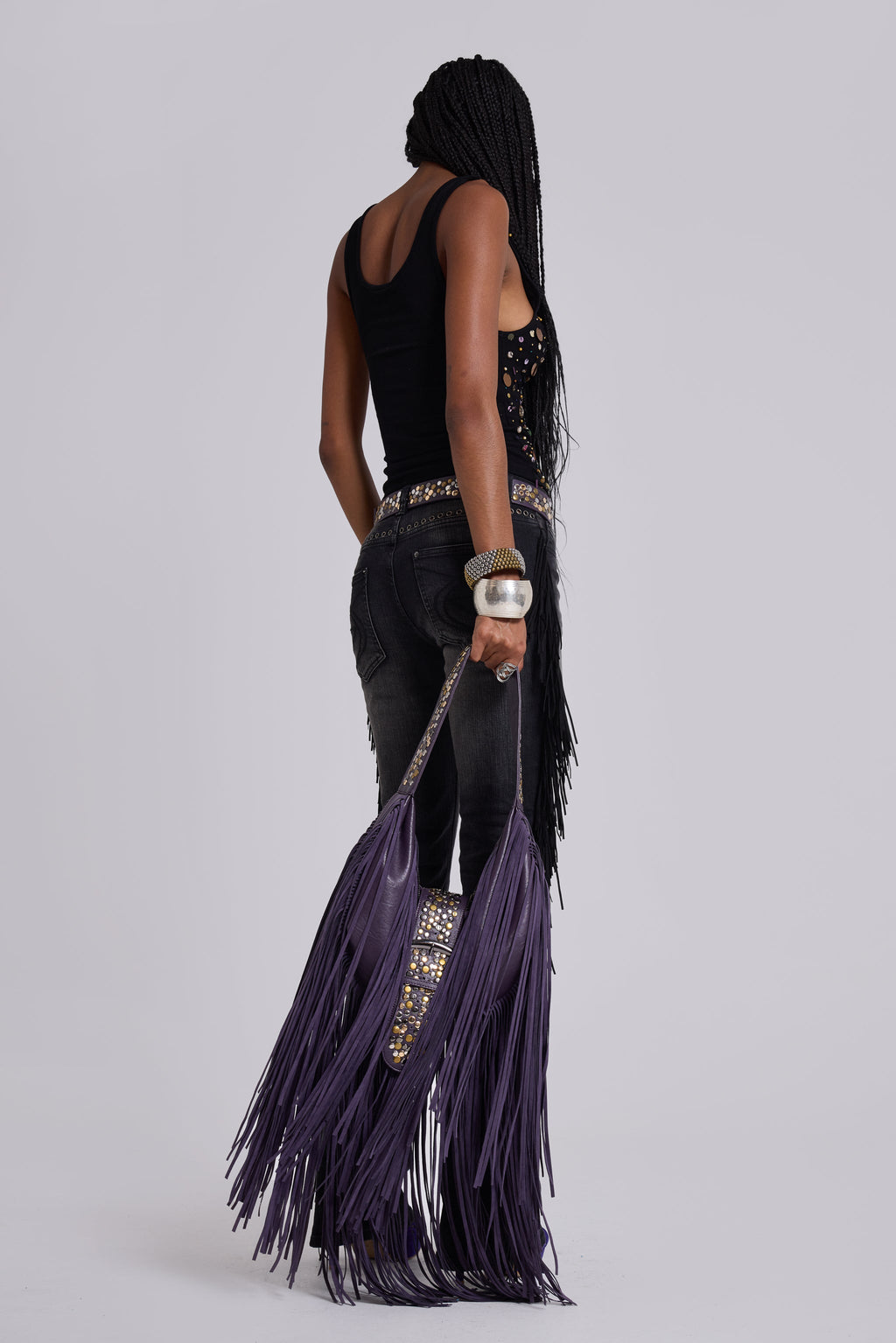 Amethyst Fringe Studded Shoulder Bag