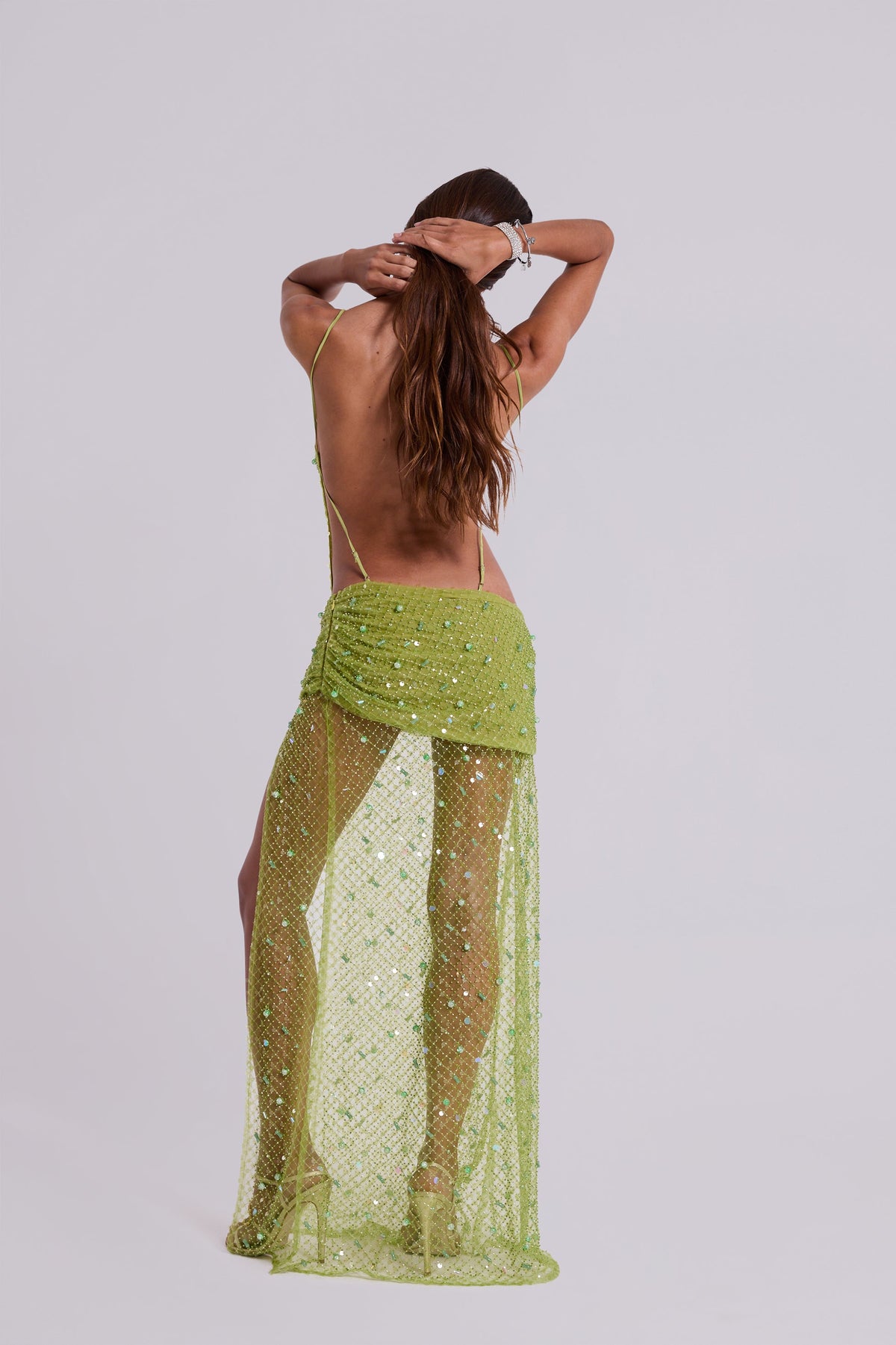 Stellar Asymmetric Hand Beaded Maxi Dress in Lime