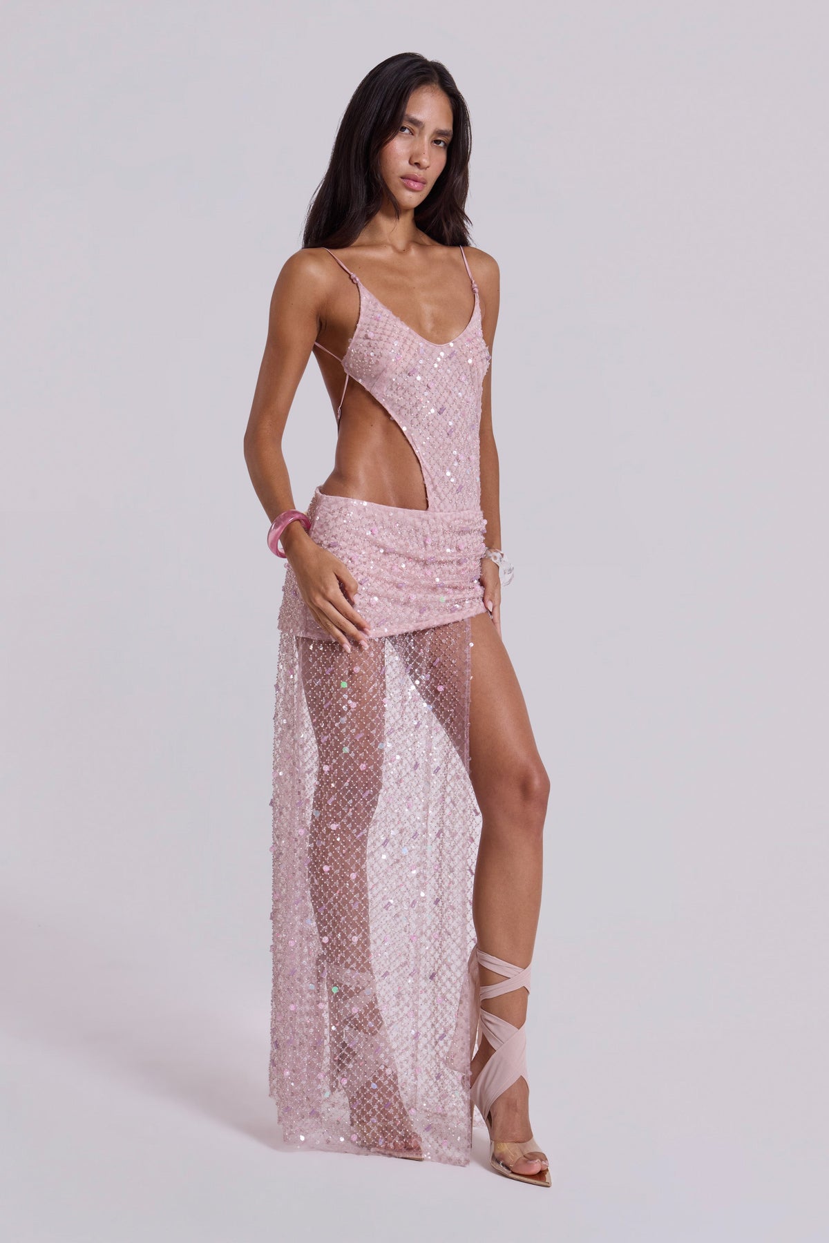 Stellar Asymmetric Hand Beaded Maxi Dress in Pink