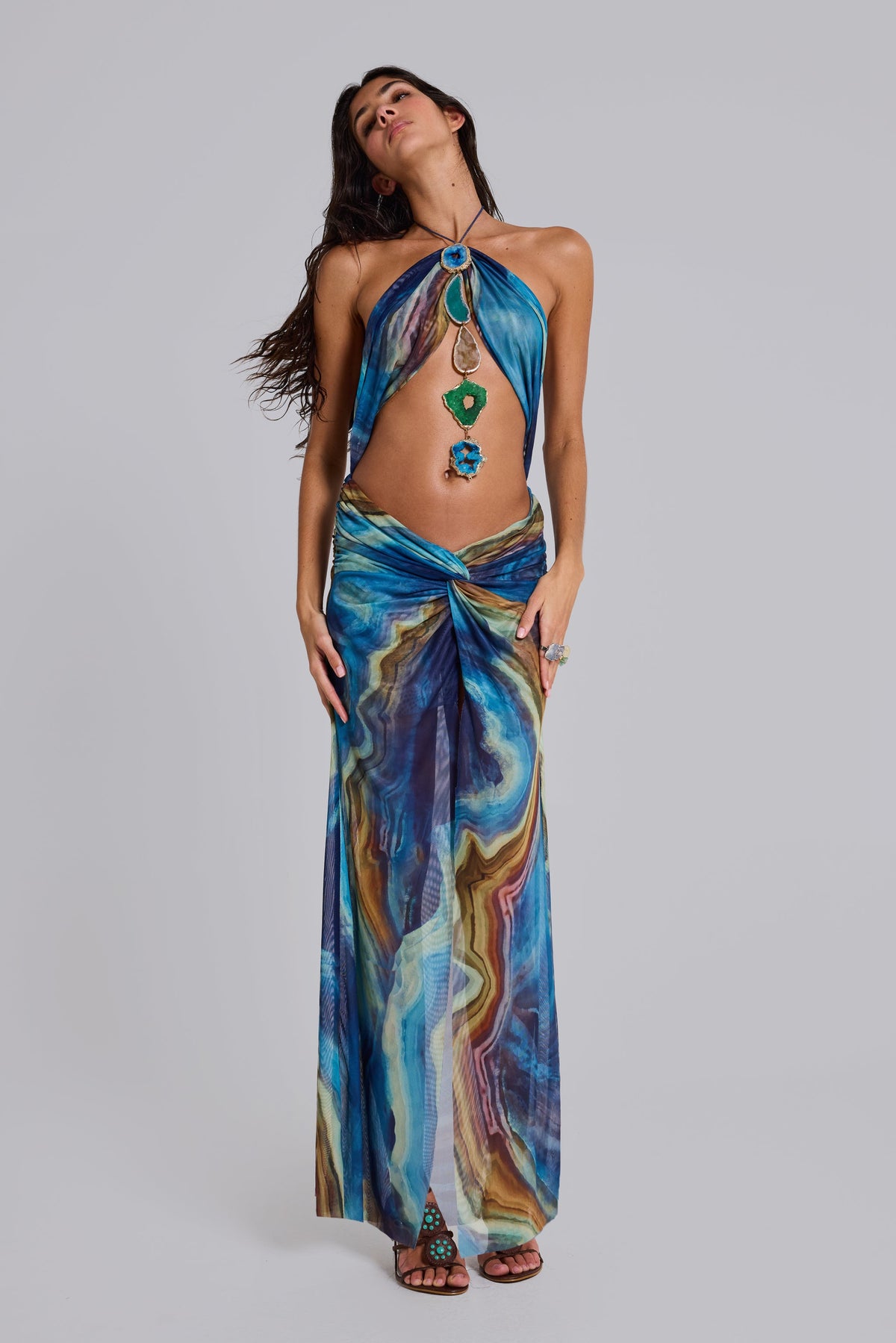 Quartz Halter Maxi Dress with Crystals