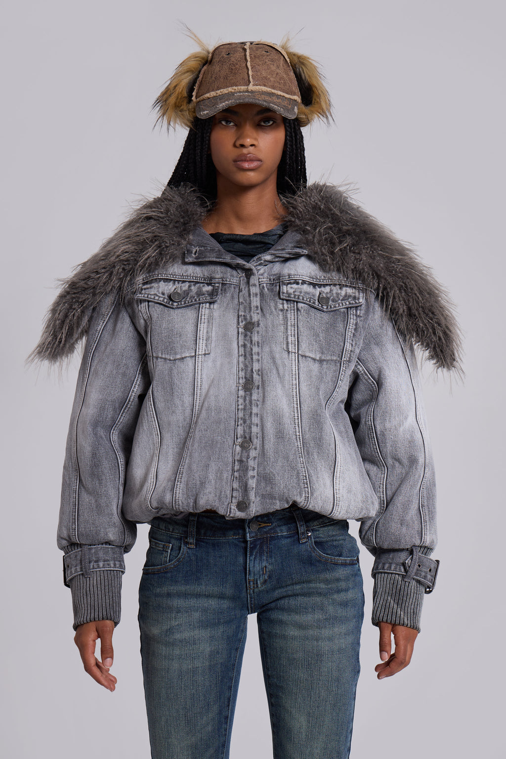 Alloy Denim Bomber Jacket in Grey