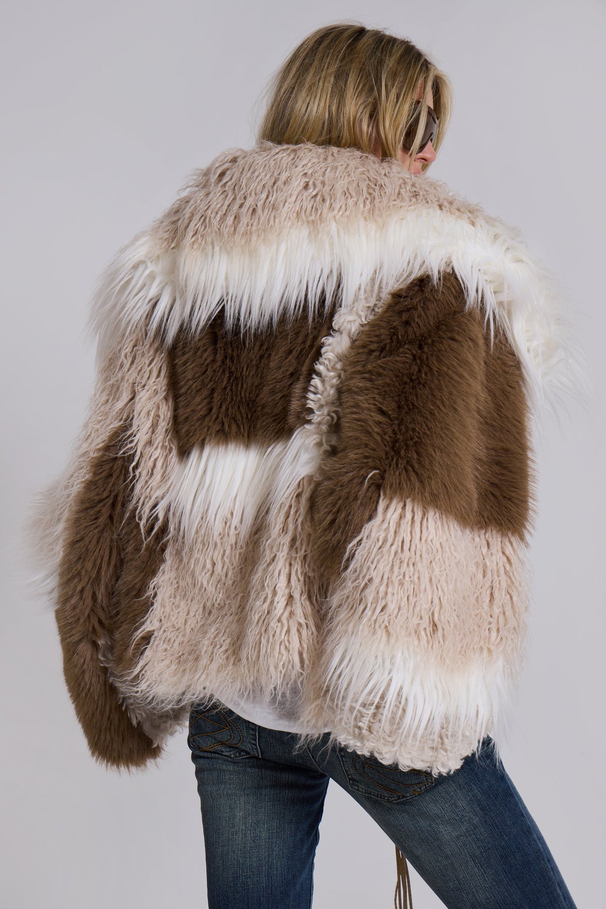 Oksana Patchwork Faux Fur Coat in Beige