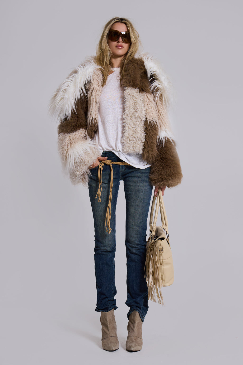Oksana Patchwork Faux Fur Coat in Beige
