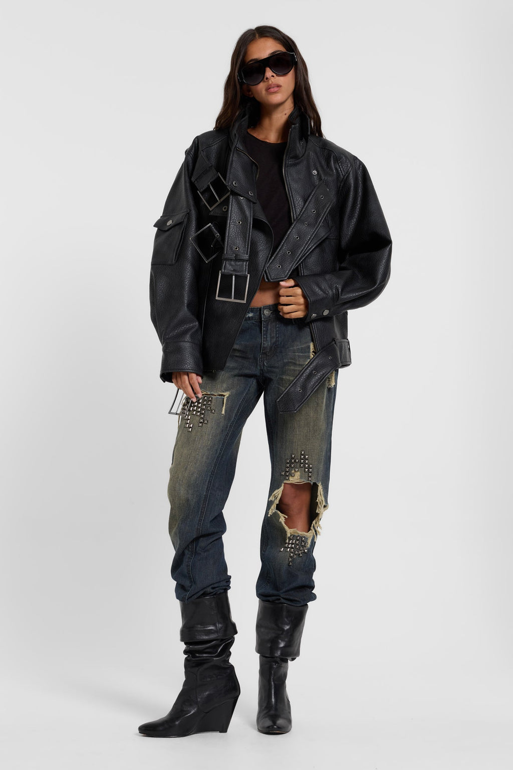 Haden Belted Funnel PU Leather Jacket
