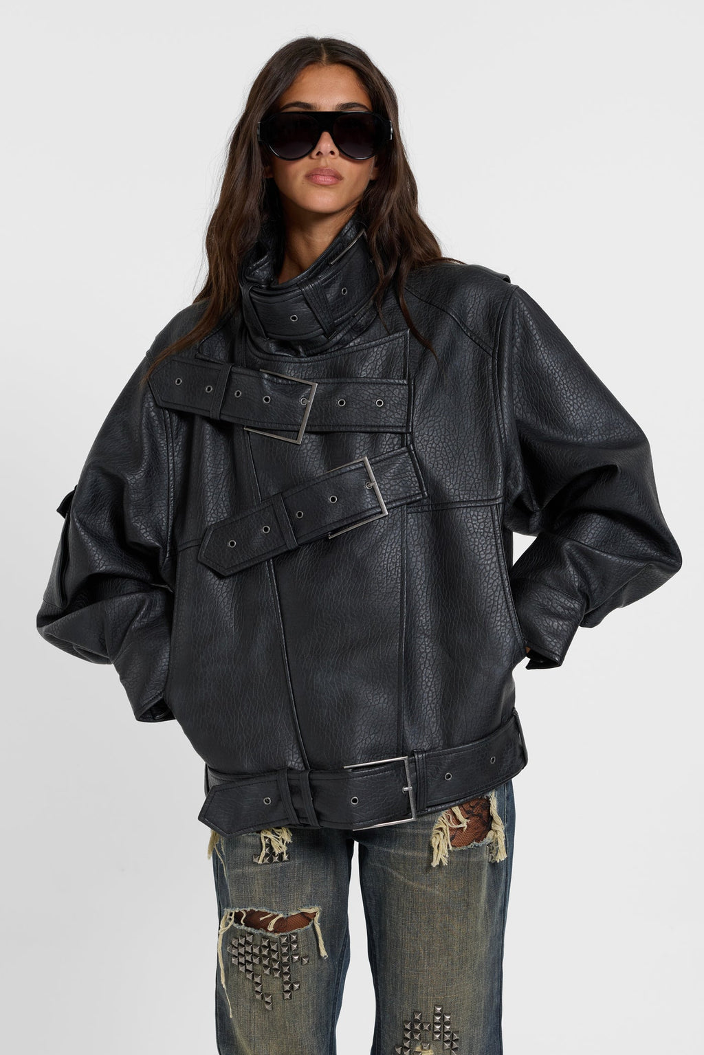 Haden Belted Funnel PU Leather Jacket
