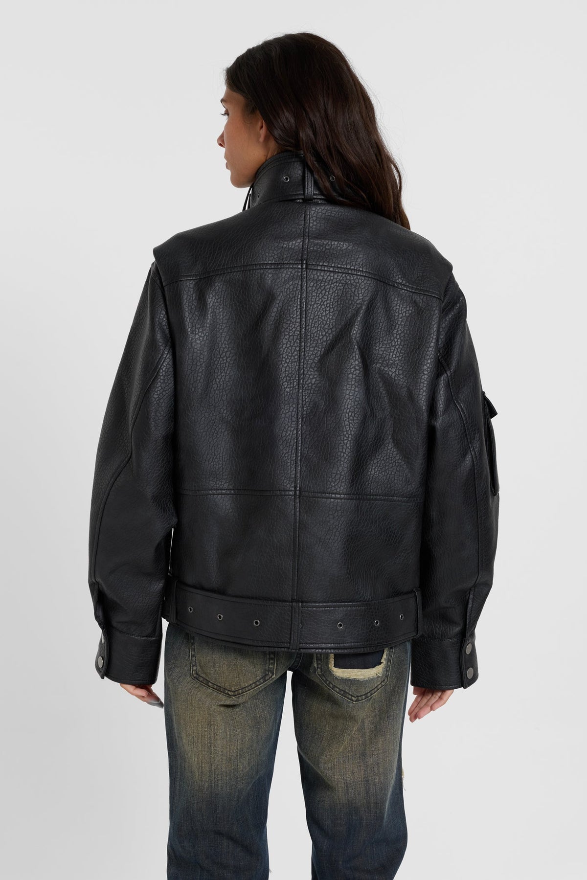 Haden Belted Funnel PU Leather Jacket