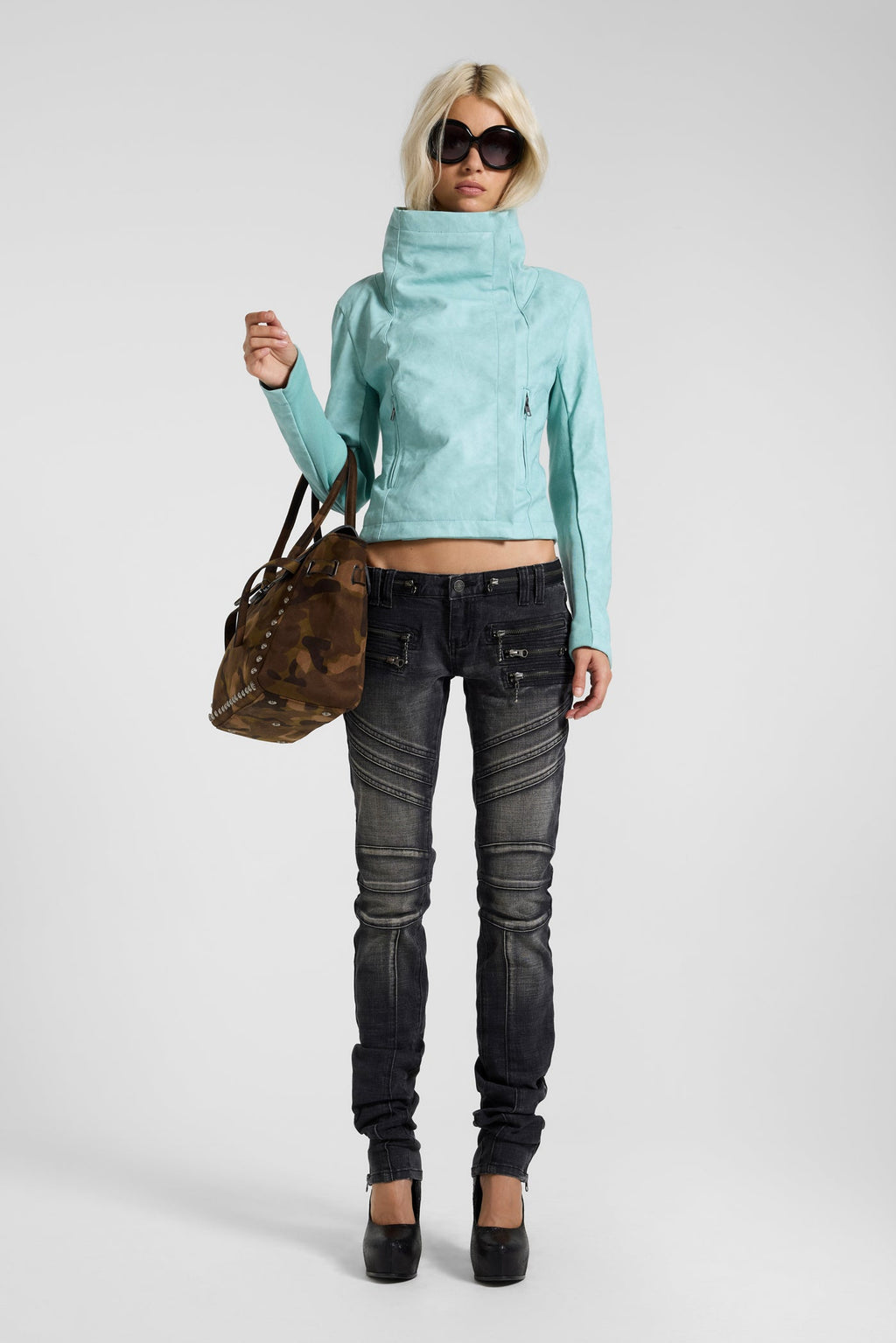 Cera PU Leather Funnel Jacket in Turquoise
