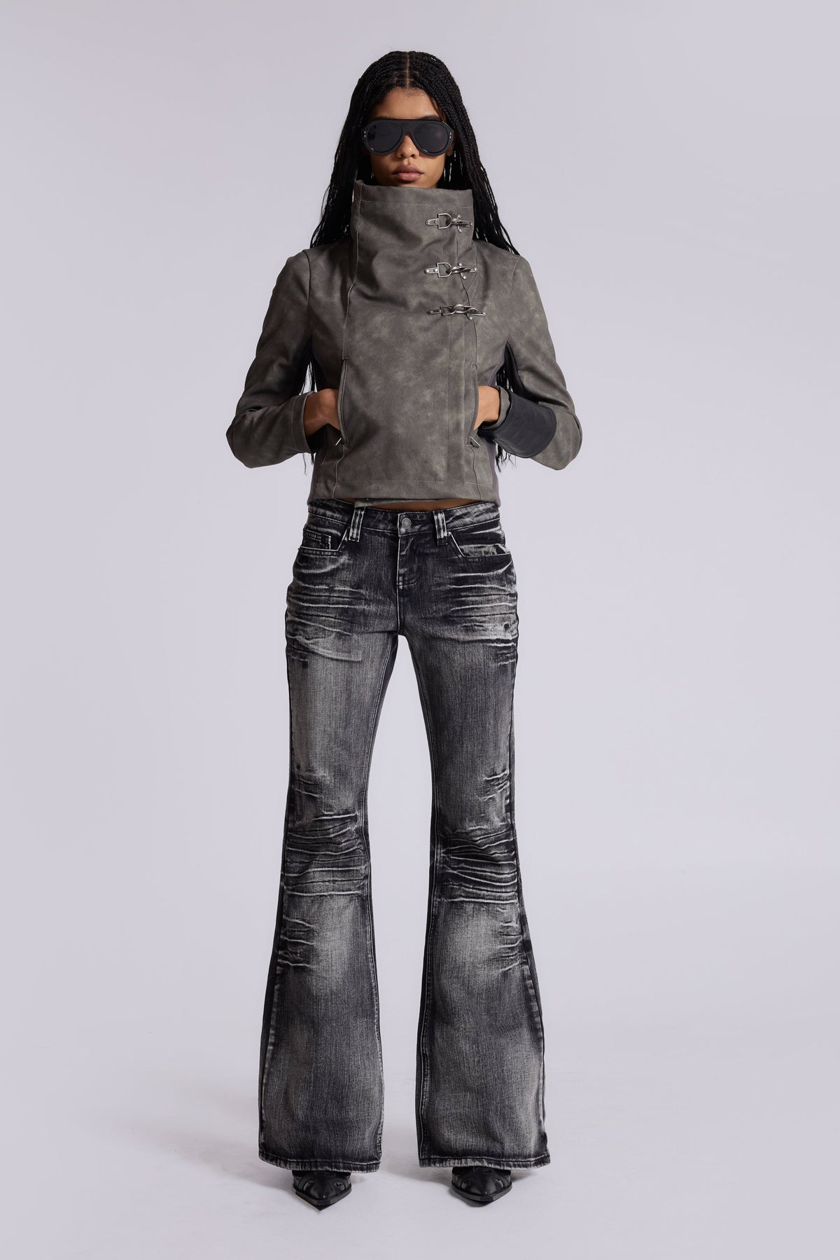 Cera Clasp PU Leather Funnel Jacket in Grey