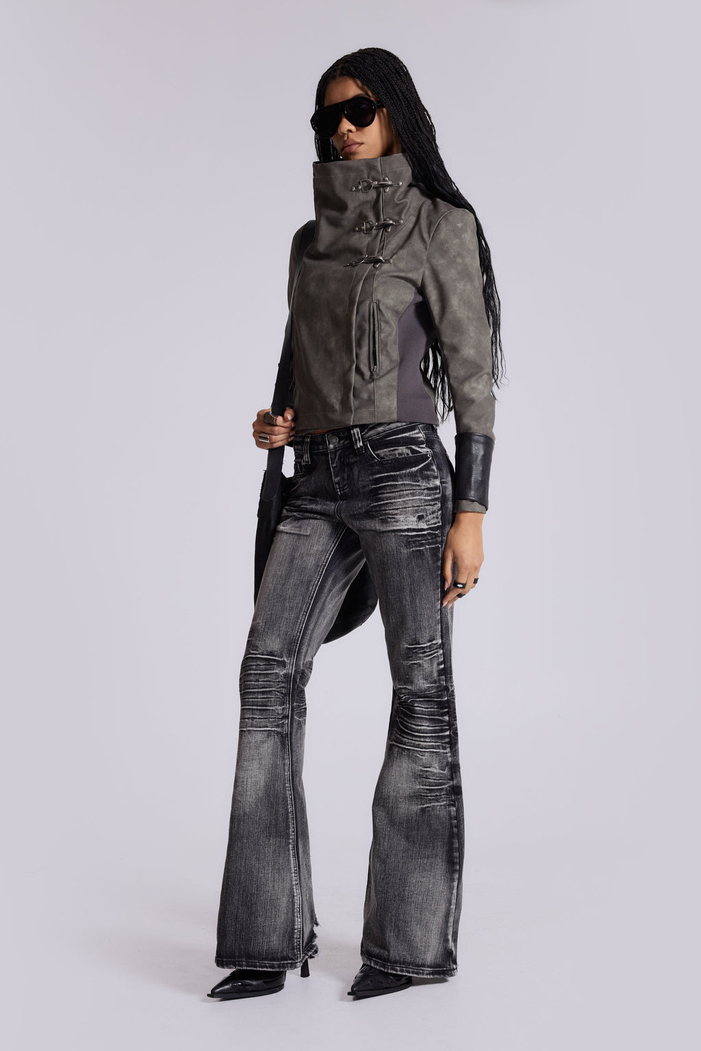 Cera Clasp PU Leather Funnel Jacket in Grey