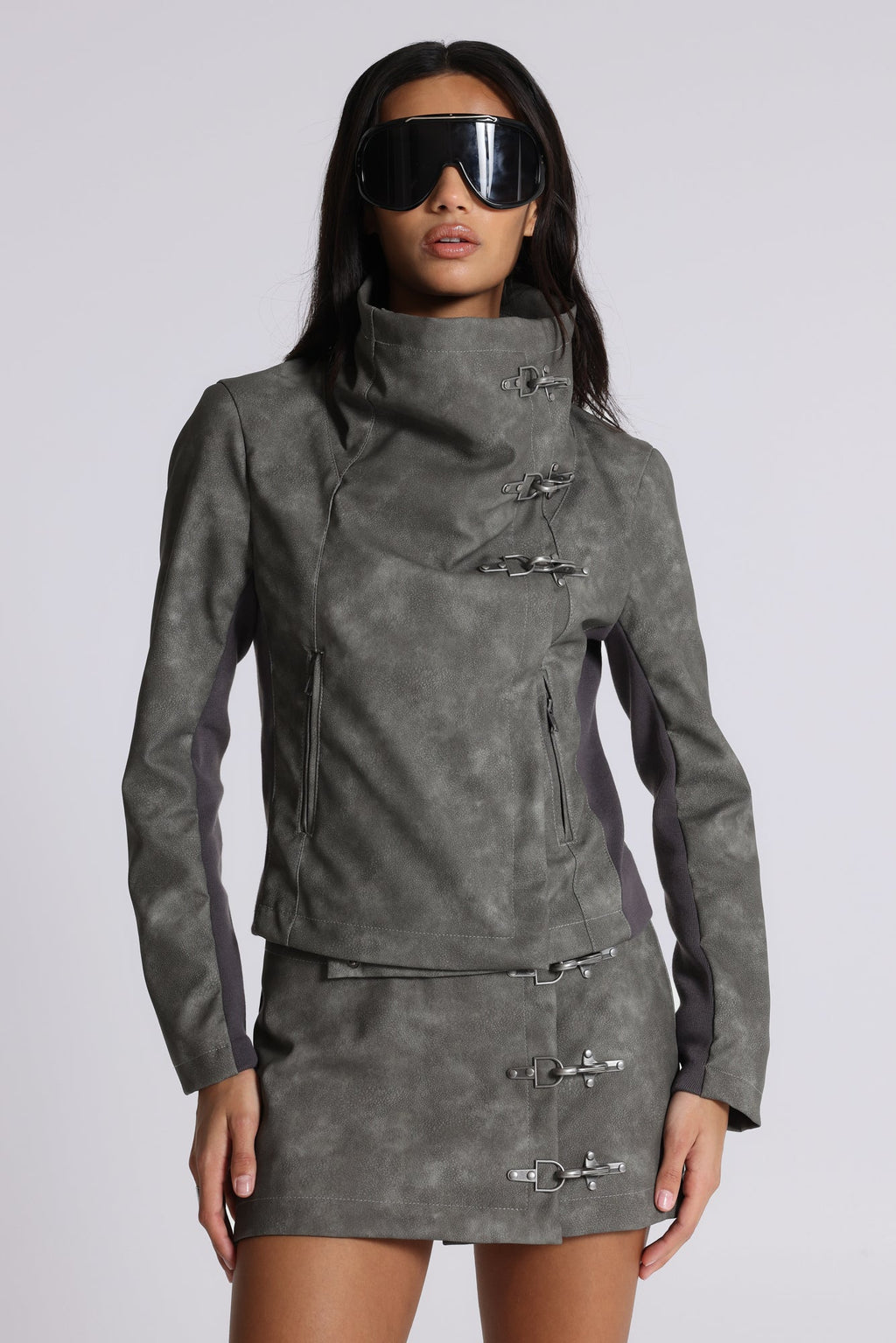 Cera Clasp PU Leather Funnel Jacket in Grey
