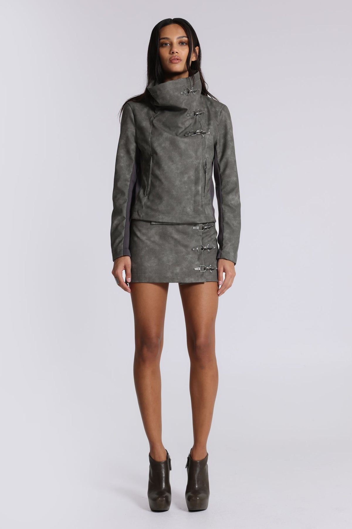 Cera Clasp PU Leather Funnel Jacket in Grey