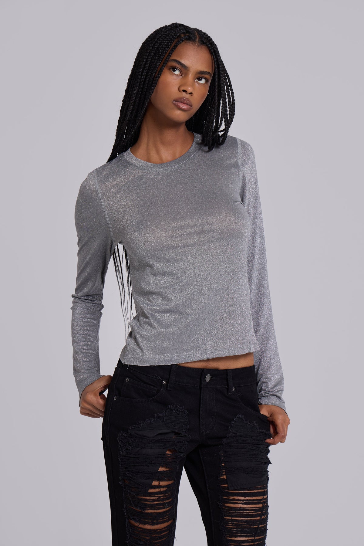 Top de manga larga Xeni Glitter plateado
