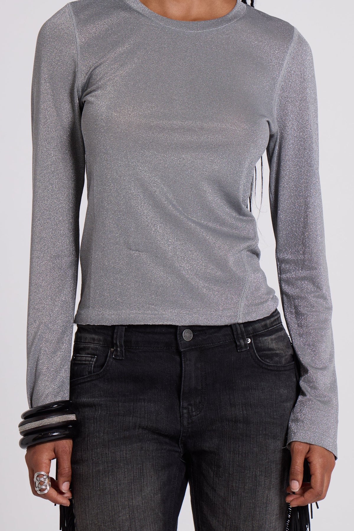 Top de manga larga Xeni Glitter plateado