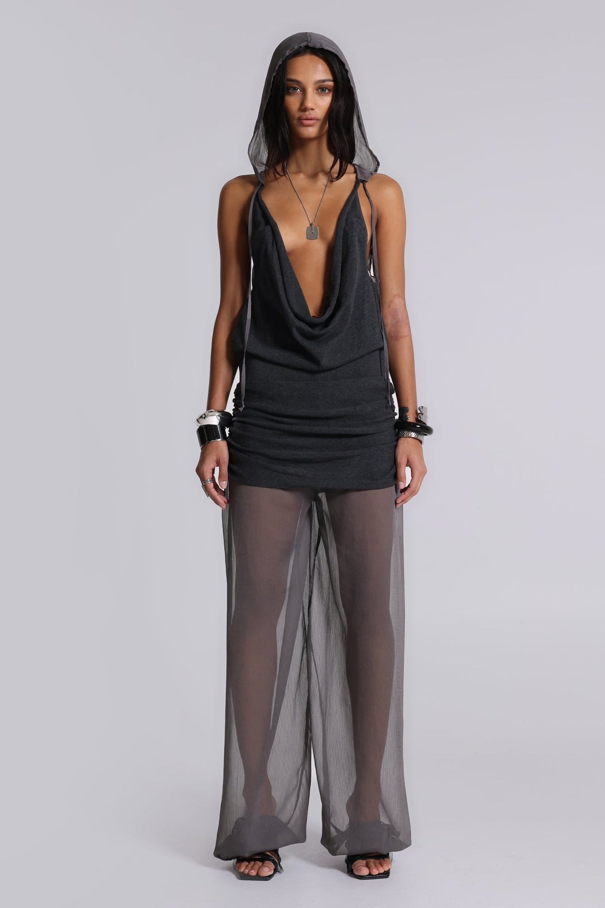Lurien Backless Hooded Chiffon Knit Top