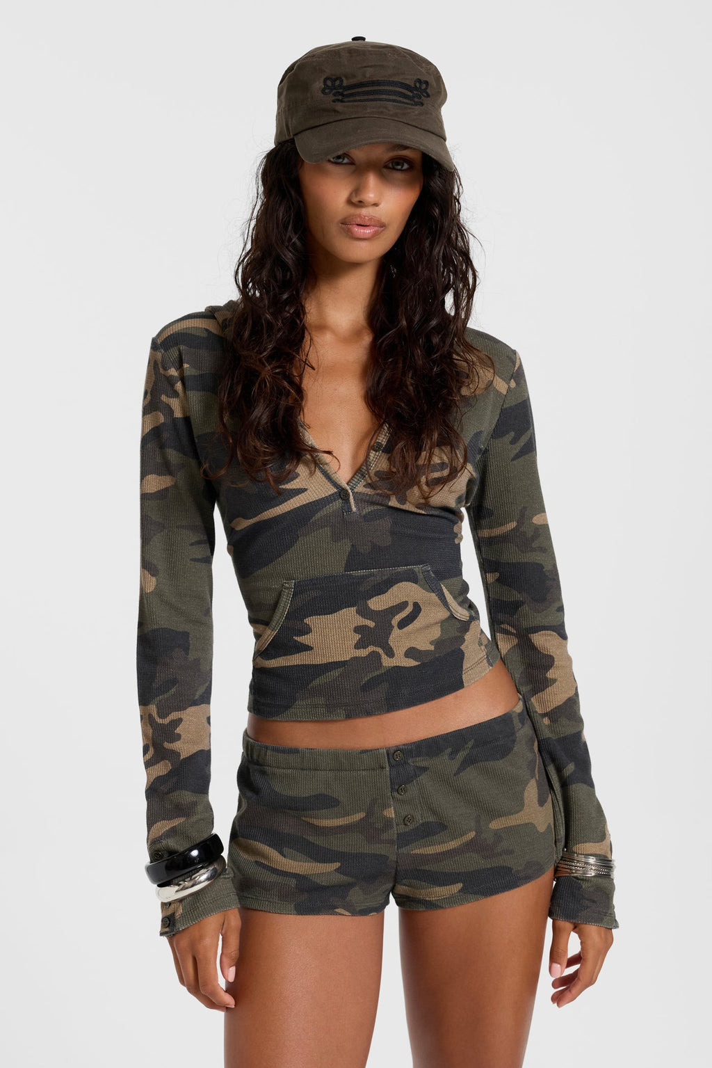 Janie Camo Waffle Hooded Henley