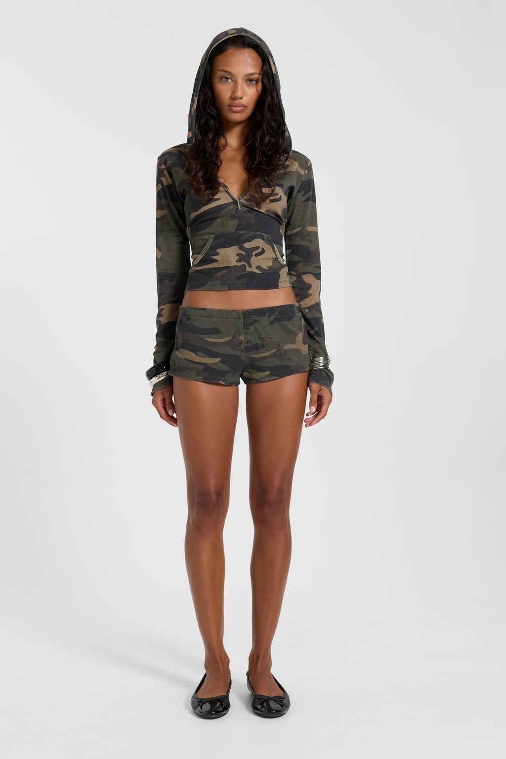 Janie Camo Waffle Hooded Henley
