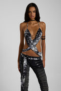 Ayla Satin Backless Plunge Wrap Top In Skull