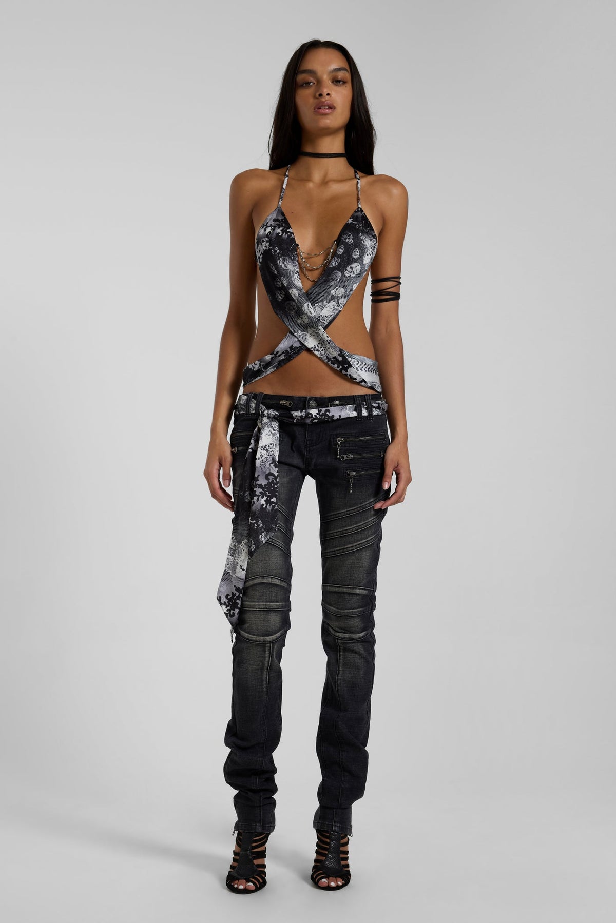 Ayla Satin Backless Plunge Wrap Top In Skull