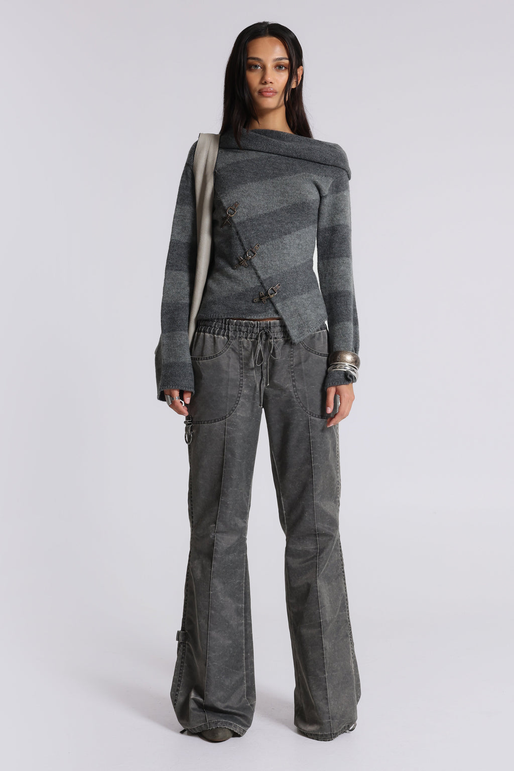 Asymmetric Clasp Knit – Grey Stripe