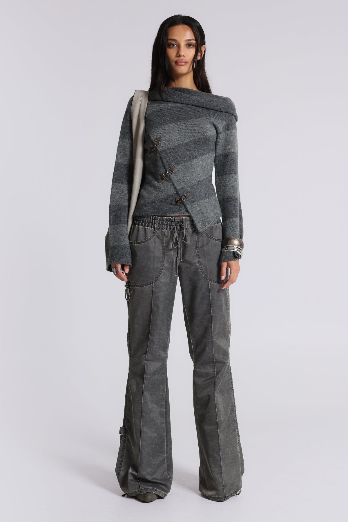 Asymmetric Clasp Knit – Grey Stripe