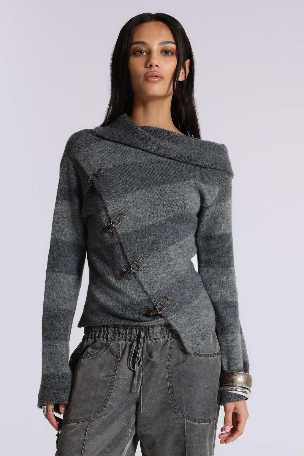 Asymmetric Clasp Knit – Grey Stripe