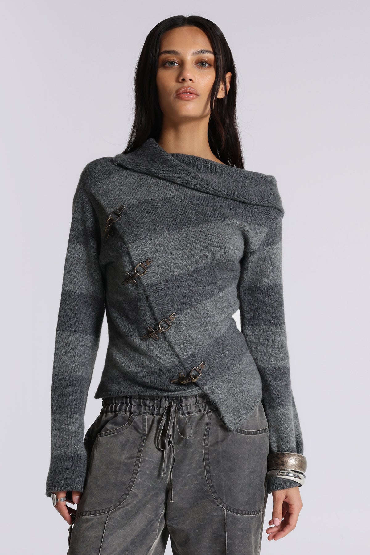 Asymmetric Clasp Knit – Grey Stripe