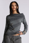 Asymmetric Clasp Knit – Grey Stripe