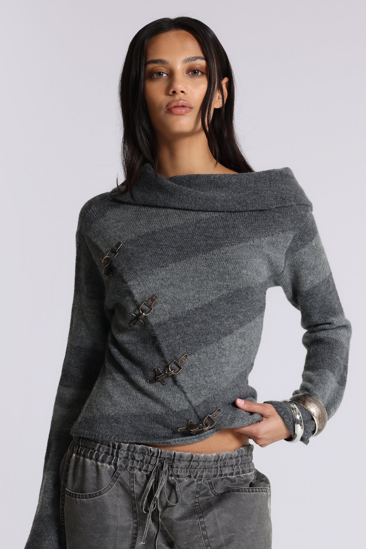 Asymmetric Clasp Knit – Grey Stripe