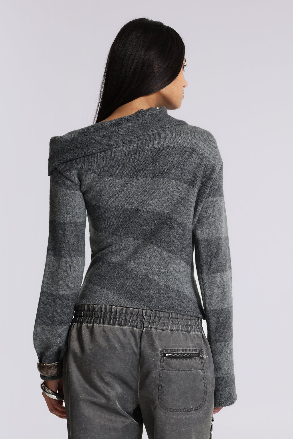 Asymmetric Clasp Knit – Grey Stripe
