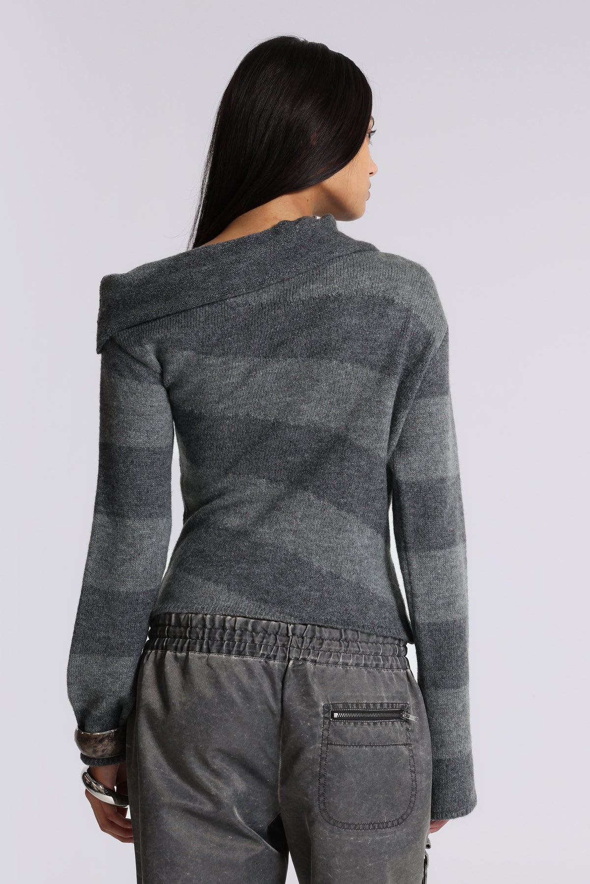 Asymmetric Clasp Knit – Grey Stripe