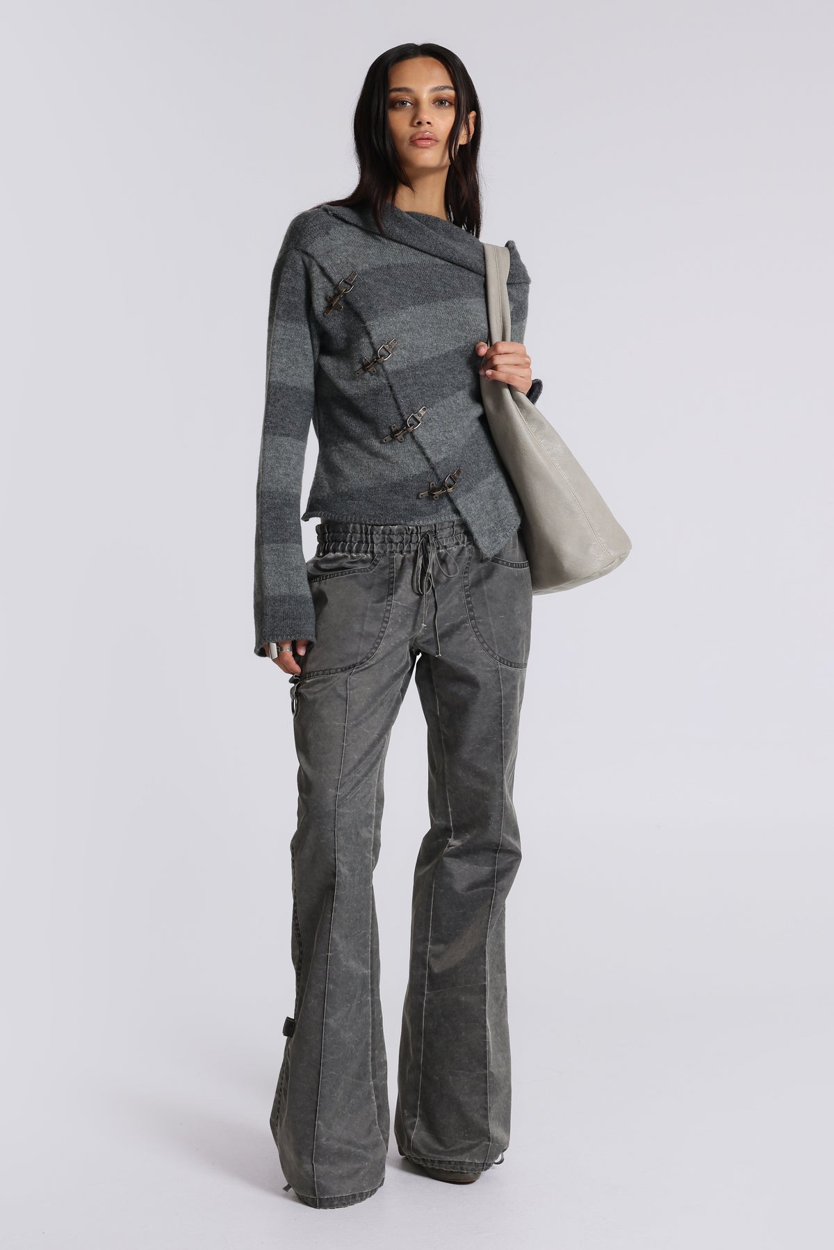 Asymmetric Clasp Knit – Grey Stripe