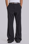 Pantalón de traje de raya diplomática con pliegues bootcut negro
